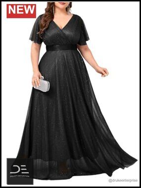 Plus Size Formal Evening Gown Sparkly Tulle V Neck Ruffle Sleeve A Line Dress